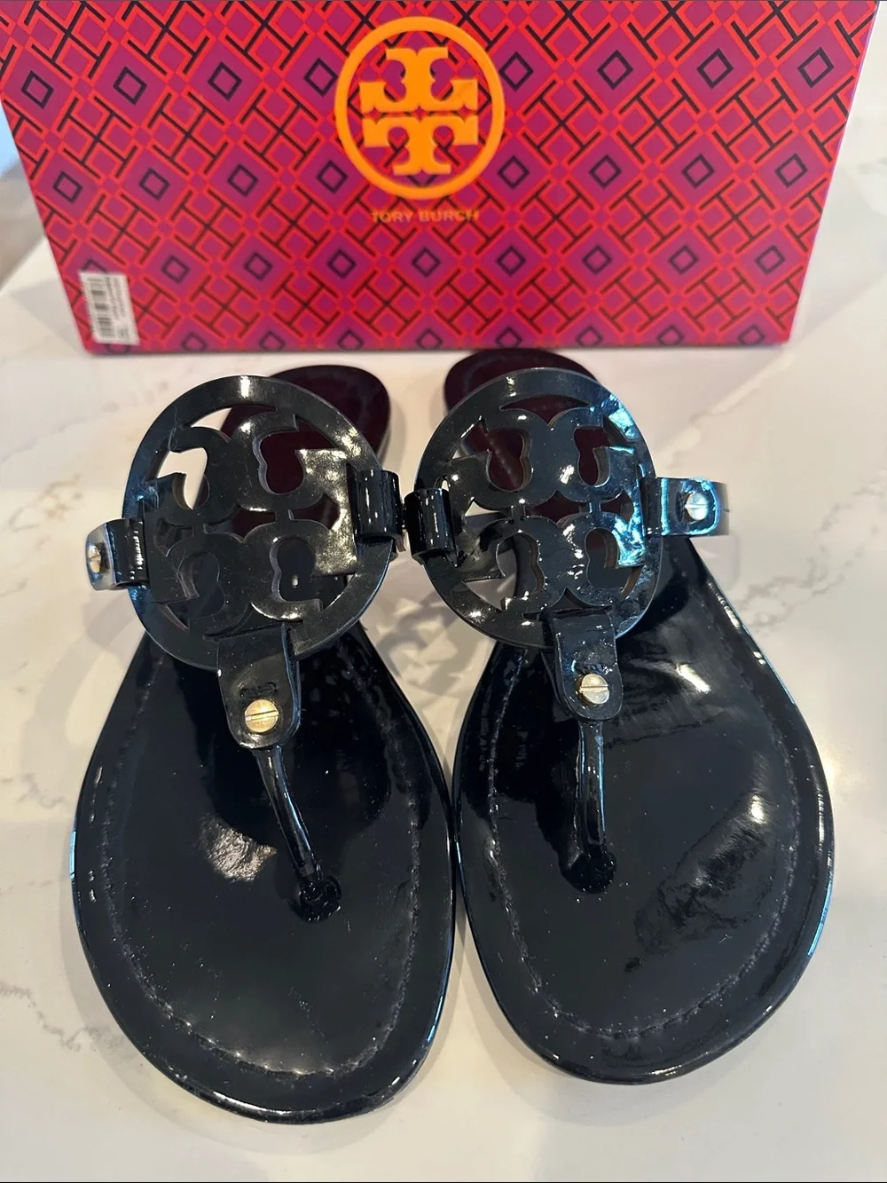 Tory Burch Miller Sandals Patent Black Size 10